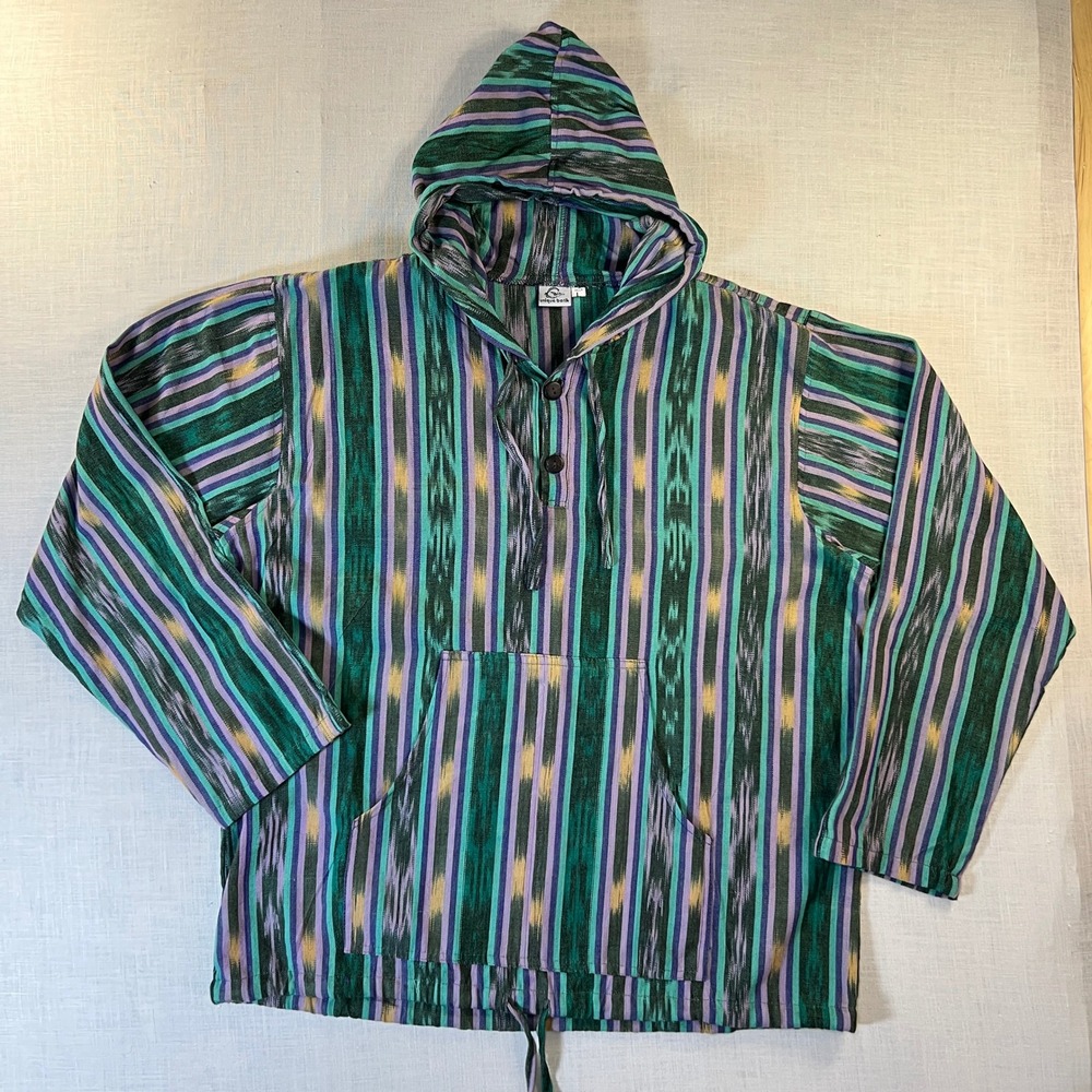 Unique Batik Mens L Hoodie Green Purple Boho Hippie Striped Baja Poncho Pullover